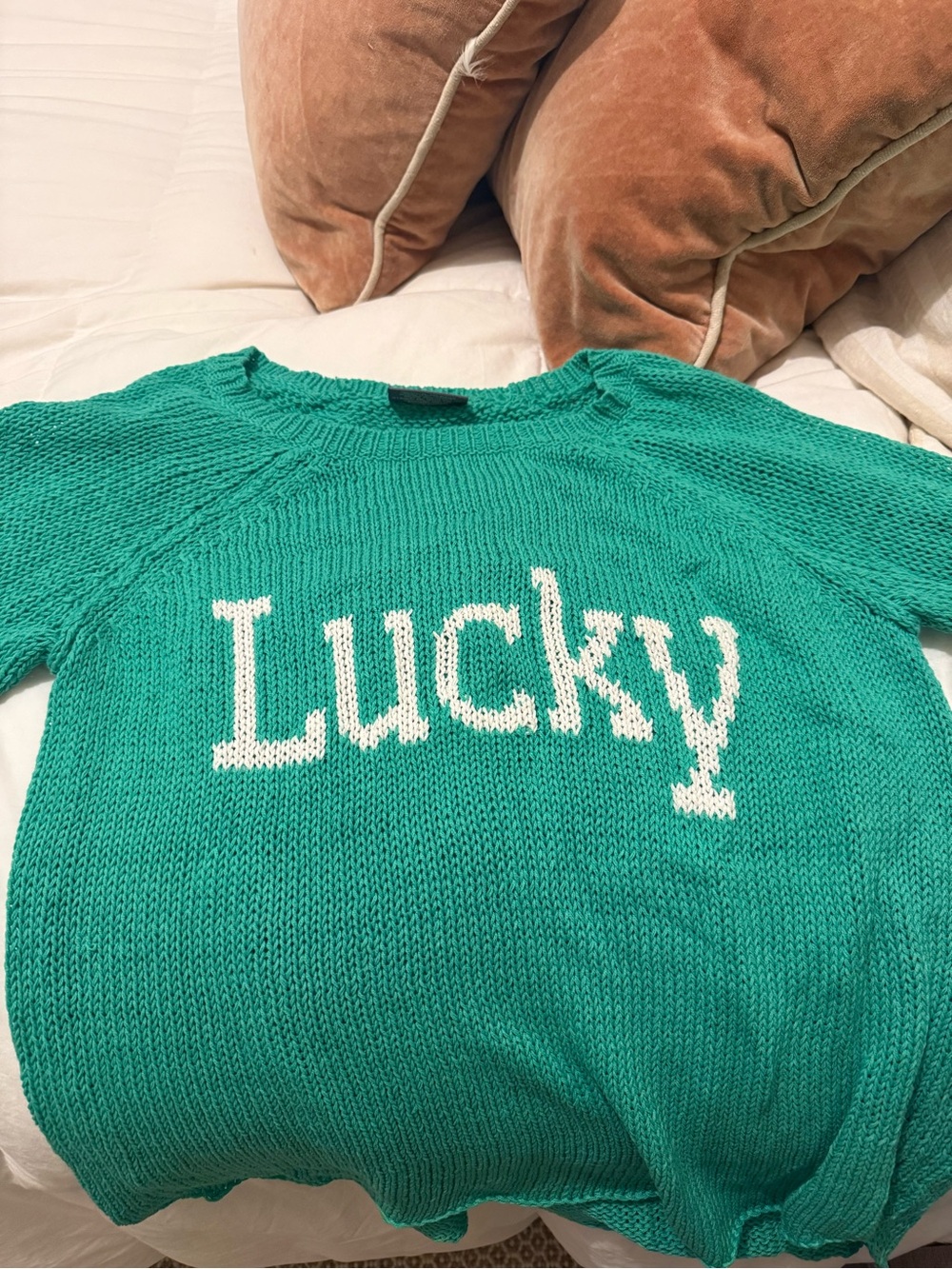 Wooden Ships Teal Crewneck Sweater with White "Lucky" Text